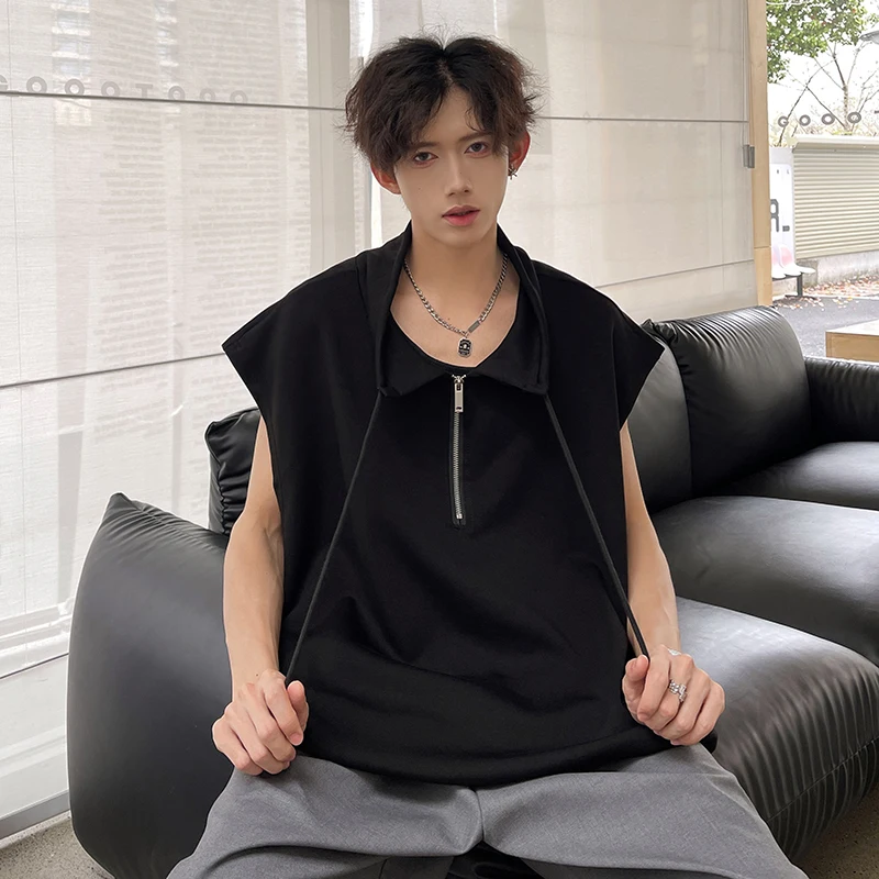 Men Sleeveless T Shirt Half Zip Collar Solid Color Streetwear Fashion Top Unique Design Trendy Summer Casual Wear New Arrival