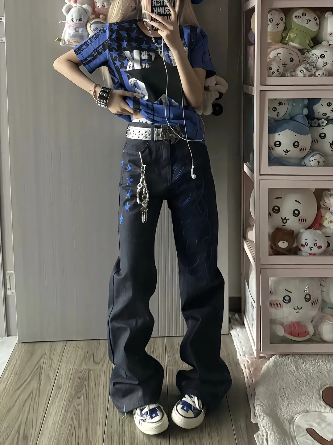 

American Street Blue Letter Embroidery Jeans Men's Black Slim Loose Straight Leg Trendy Long Pants Flared Legs