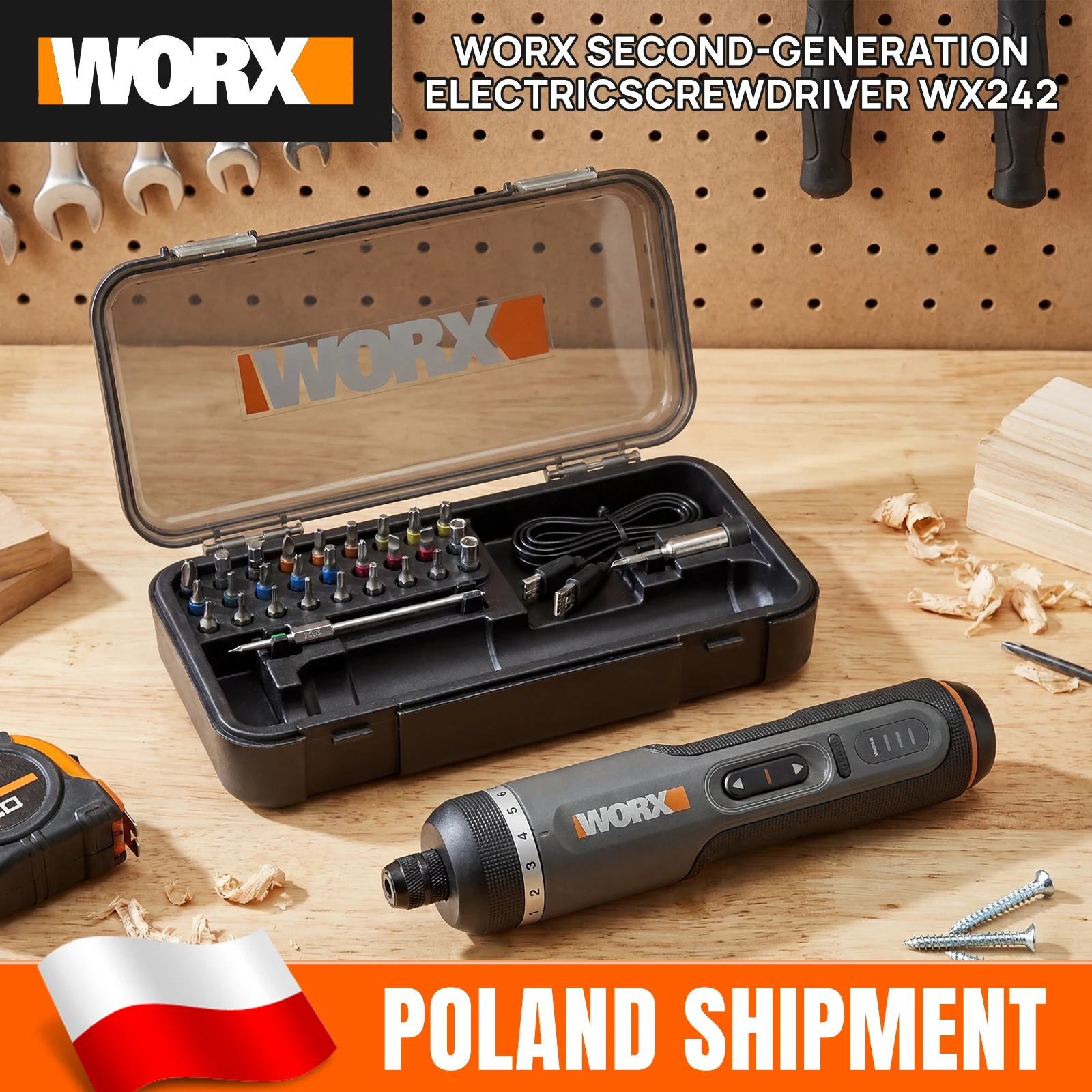 WORX WX242 Destornillador eléctrico inalámbrico de 4 V, juego de destornilladores eléctricos inteligentes con 7 ajustes de torsión, batería de 2 Ah, carga USB-C, 30 puntas, para reparaciones en el hogar y montaje de muebles