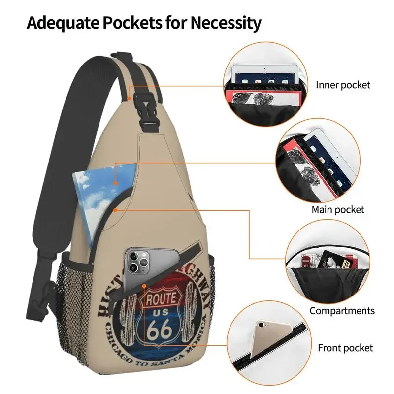 Fashion Route 66 America Road Vintage Trip Sling Crossbody Backpack Men Shoulder Chest Bag for Camping Biking