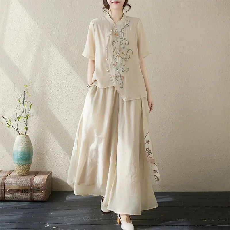 

New Chinese Style Suit Women's 2025 Summer New Mom Foreign Fashion Casual Simple and Elegant Cotton and Linen Top 2-piece Set V4