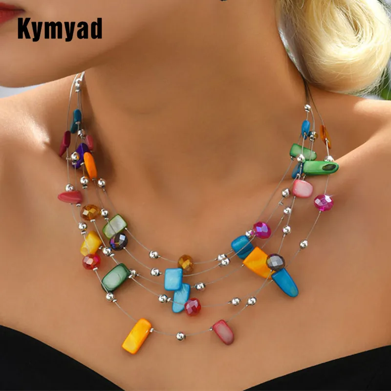 Kymyad Bohemia Necklace For Women Shell Crystal Mixed Multilayer Choker Necklaces Clothes Dress Accessories For Women Collar