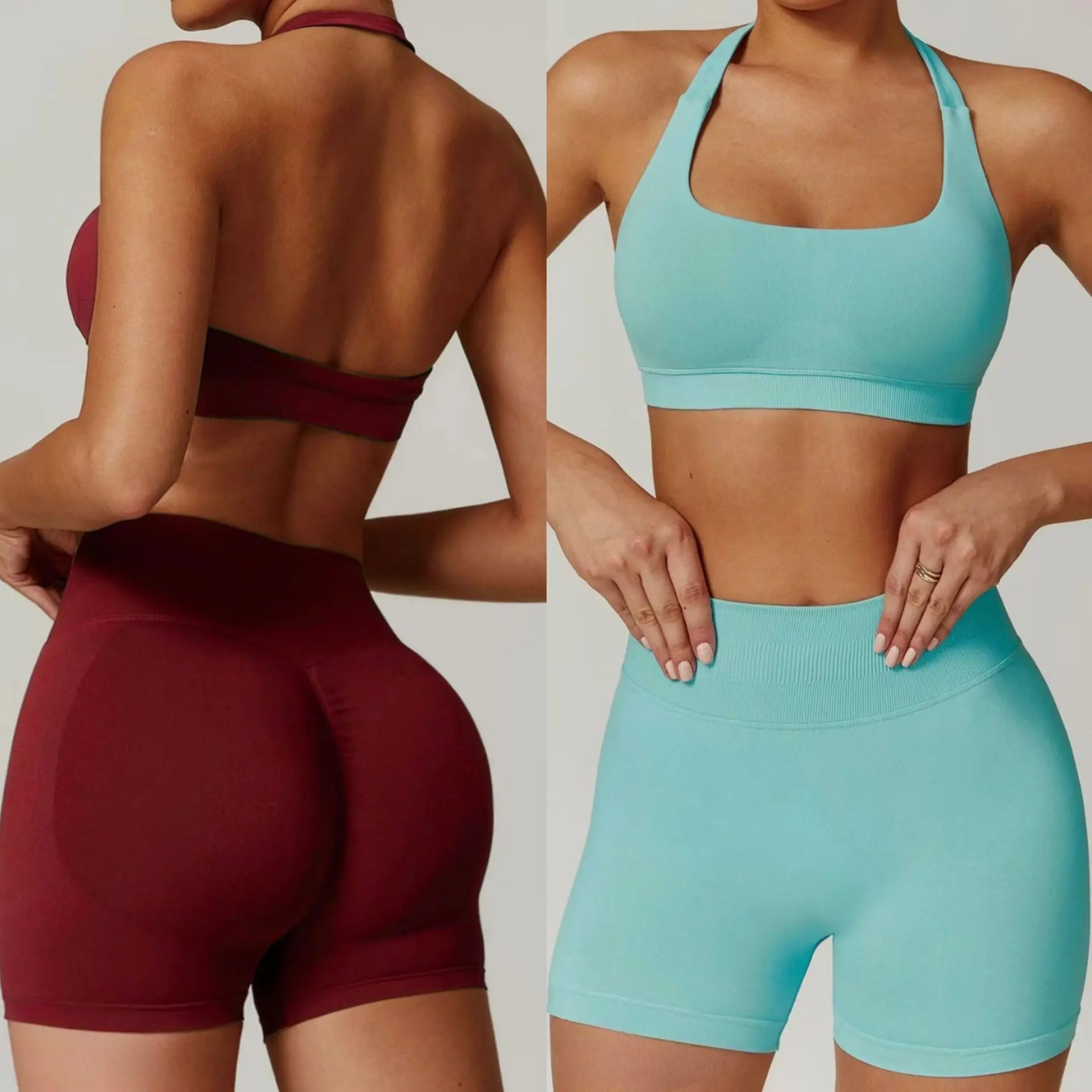 2 Pcs Set Women's Seamless Yoga Sports Vest Backless Neck Hanging Design Shaping Prevents Light Walking Solid Color