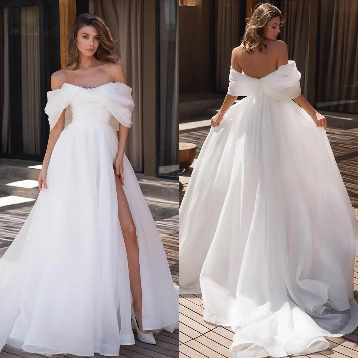 Elegante Brautkleider a-Linie von der Schulter Kristall Split ärmellose Prinzessin Brautkleid Vestido de Novia nach Maß