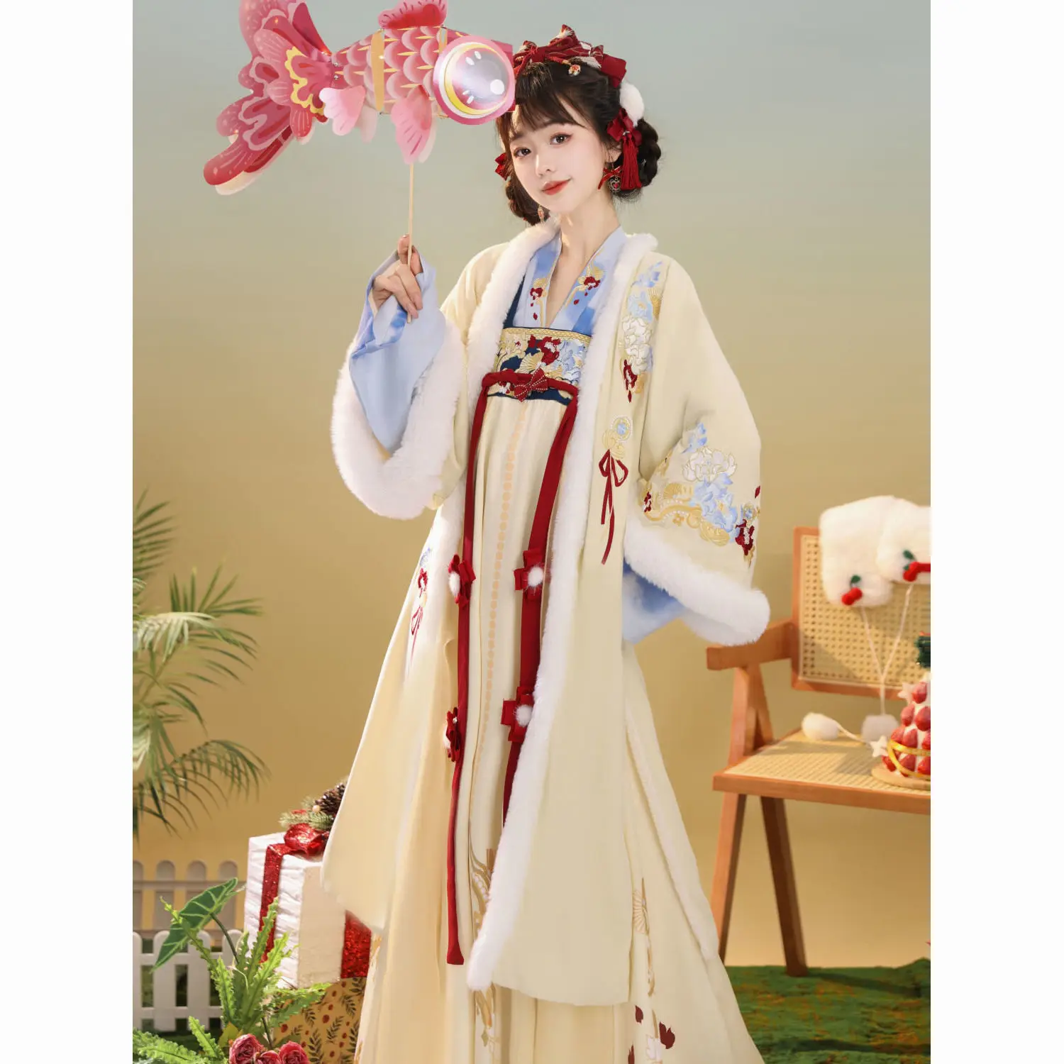 Red Hanfu female Tang-Han elements embroidery chest-length slip dress New Year dress autumn and winter daily dress