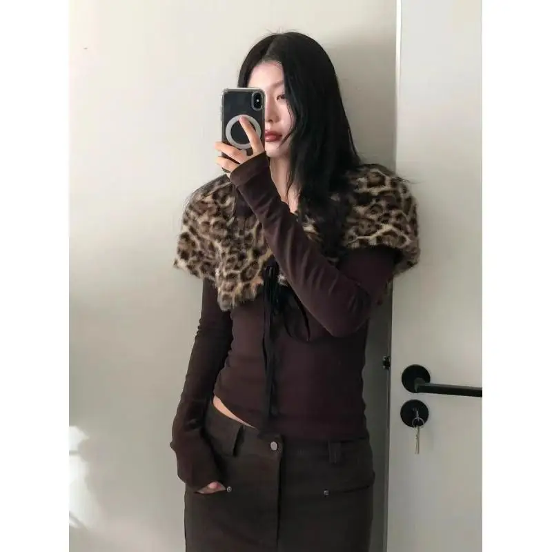 

Leopard Print Short-Sleeved Sexy Style Off-Shoulder Ribbon Design for Women Summer Commuting Shopping Time Trendy Clothes New