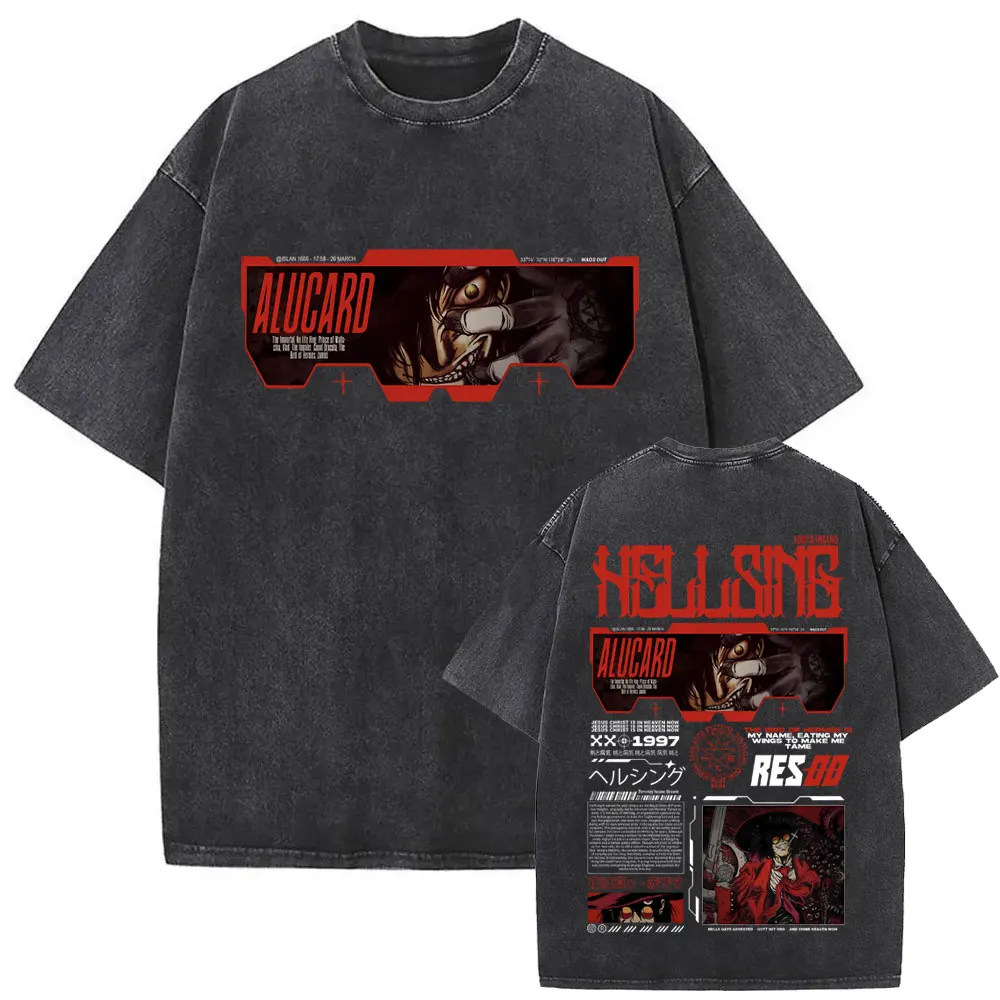 Washed Vintage Anime Hellsing Abraham Van Helsing T Shirts Men's Clothing Manga Alucard Graphic T-shirts Cotton Oversized Tshirt