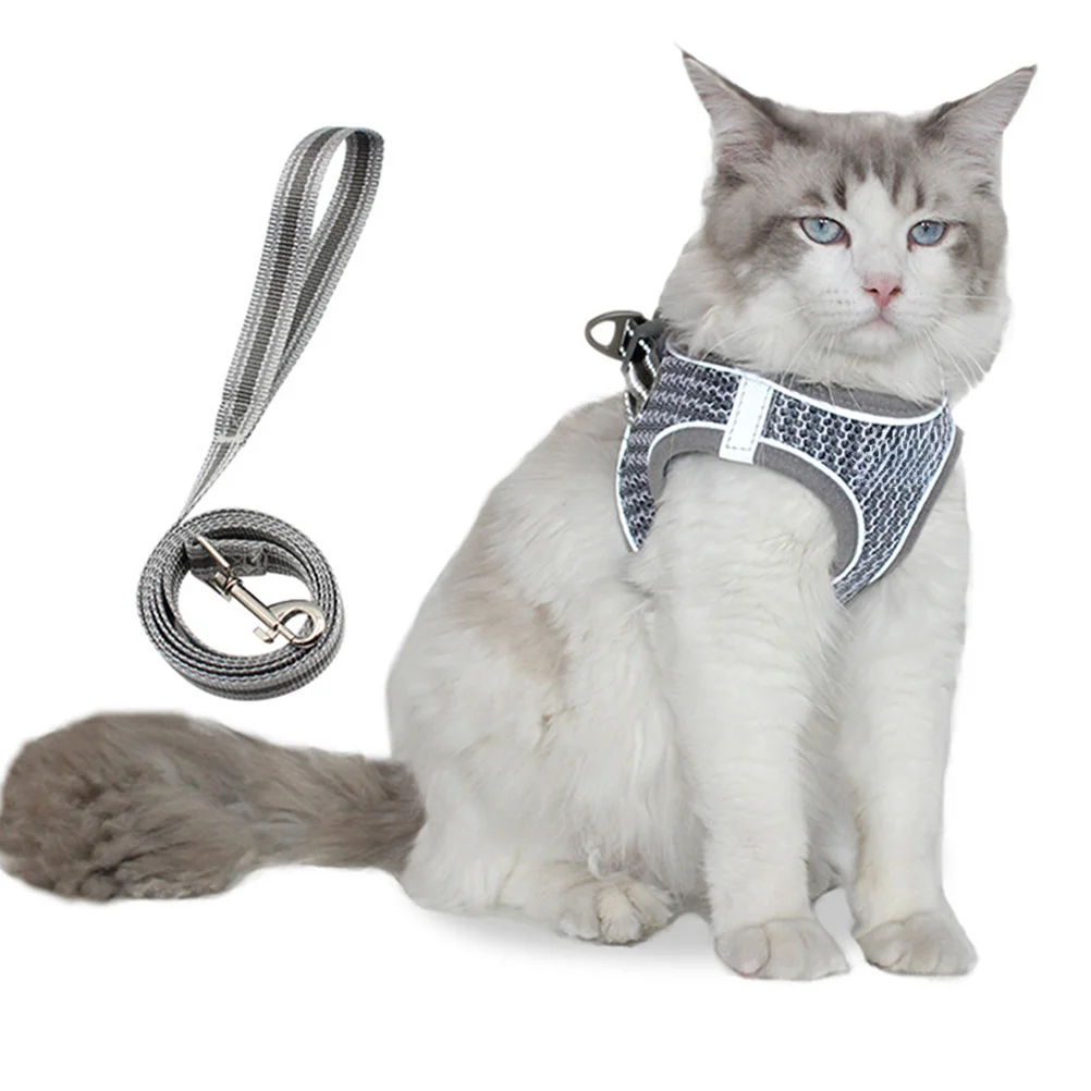 

Cat Vest Harness and Leash Set Grey Size Xl Breathable Reflective Pet Chest Strap Outdoor Safety Walking Pet Harness