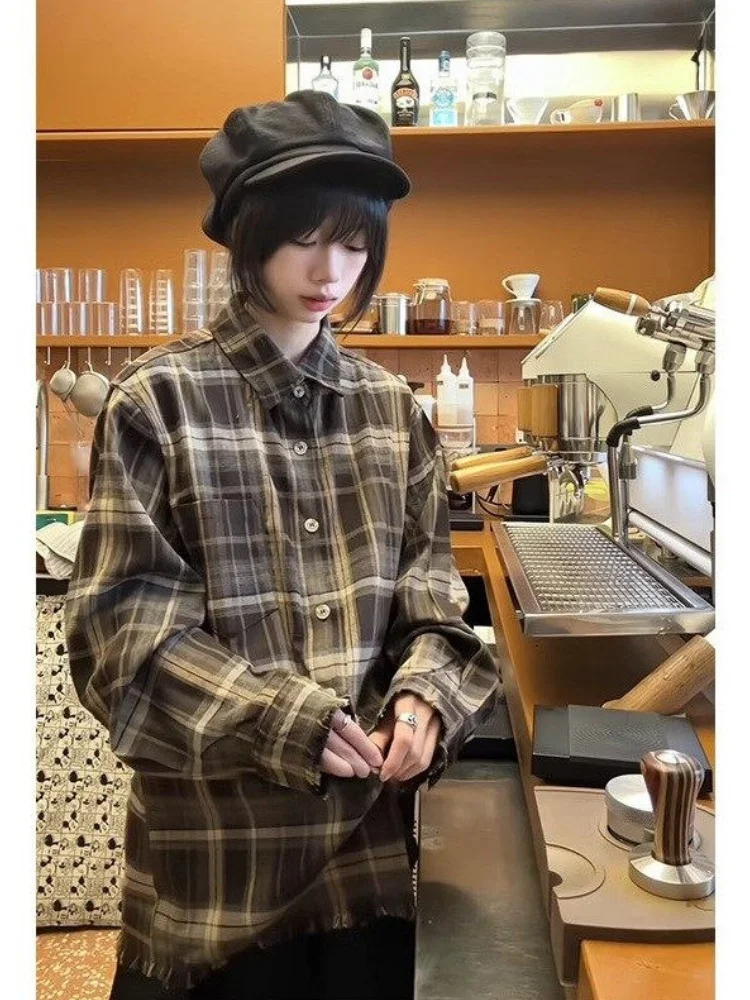 

American Retro Plaid Shirt Men's Spring Merlot Brown Collar Cleanfit Versatile Couple Outerwear Loose Fit Breathable Long Sleeve