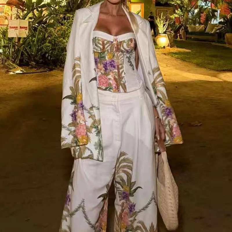 

Летний новый комплект из 3 предметов: топ-халтер без рукавов с высокой талией и брюки с принтом, в богемном стиле, для повседневного отдыха