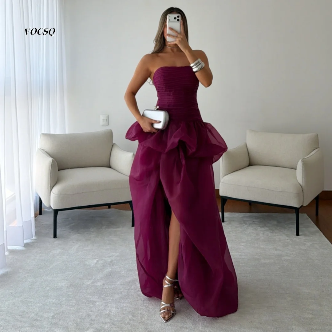 Prom Dress 2026 Magenta Organza Strapless Pleated High Slit Gown Women Elegant Gala Formal Occasion Evening Dress Customized