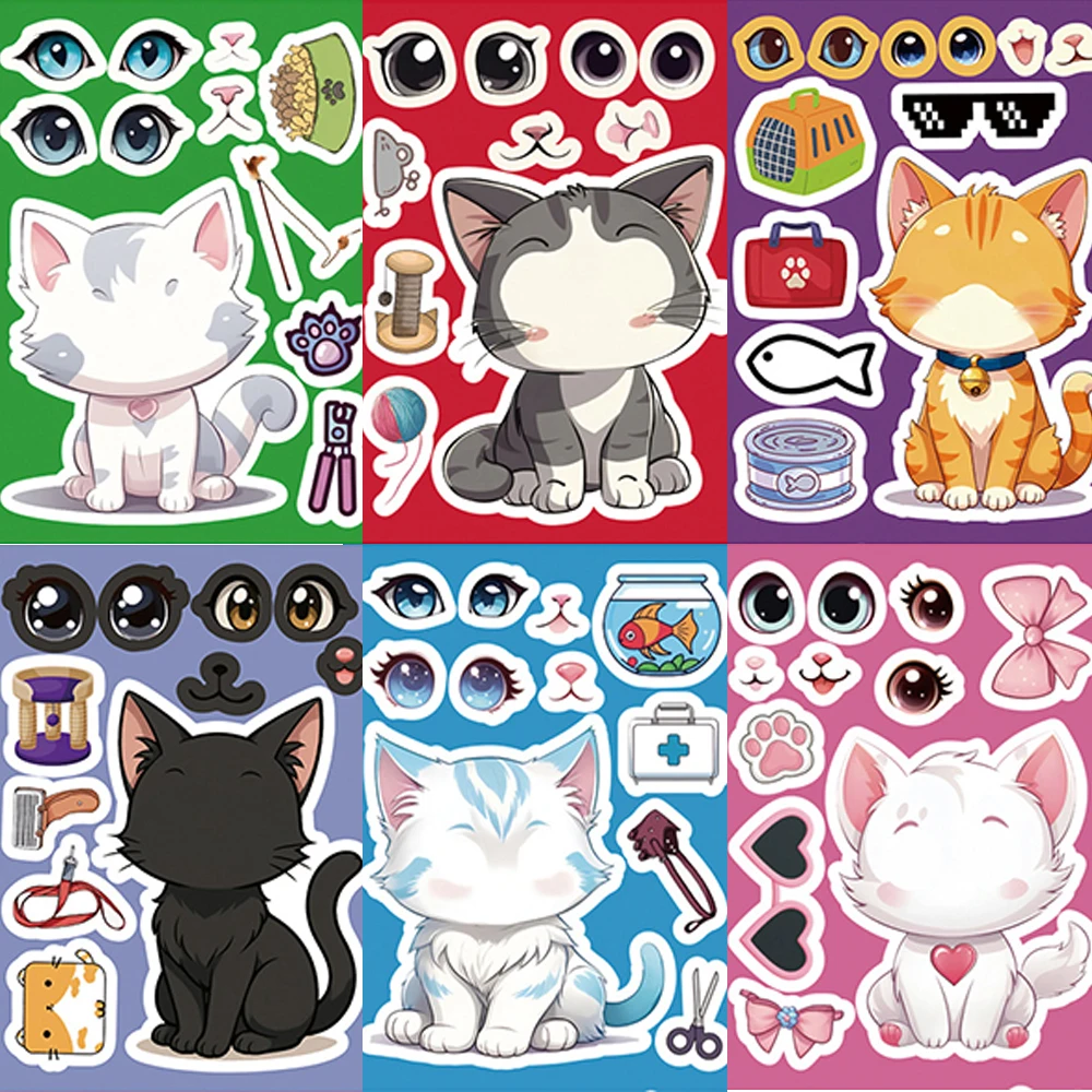 

8/16sheets Cute Animal Cats Make A Face Puzzle Stickers Cartoon DIY Assemble Jigsaw Decals Decoration Party Game Reward Toy Gift