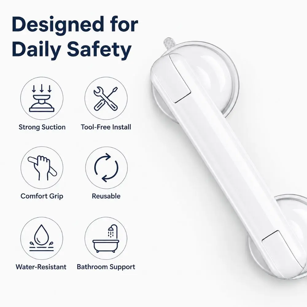 Anti Slip Suction Grab Bar Reusable Balance Support Shower Grab Handle Smooth Surface Mount No Drill Installation