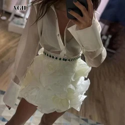 VGH Sweet Solid Two Piece Sets For Women Lapel Long Sleeve Shirts High Waist Spliced Appliques Bodycon Skirts Slim Set Female