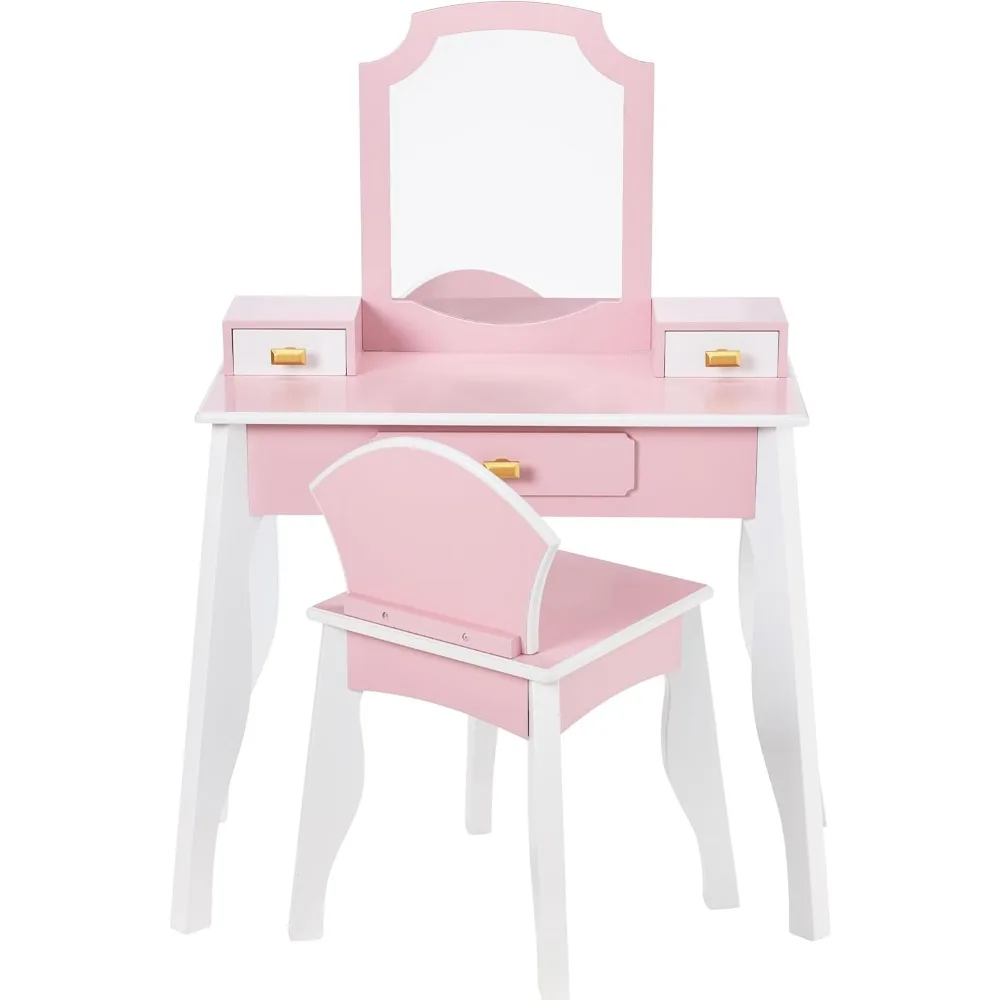 

Kids Wooden Pretend Play Vanity and Chair Set w/Mirror, Little Girls Makeup Table for Toddlers with 3 Storage Drawers