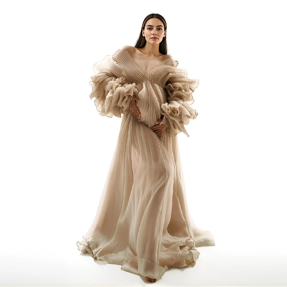 V Neck Pleated Organza Pregnancy Photo Shooting Dress for Pregnant Women for Photo Shoot Baby Shower Dress for Special Occasions