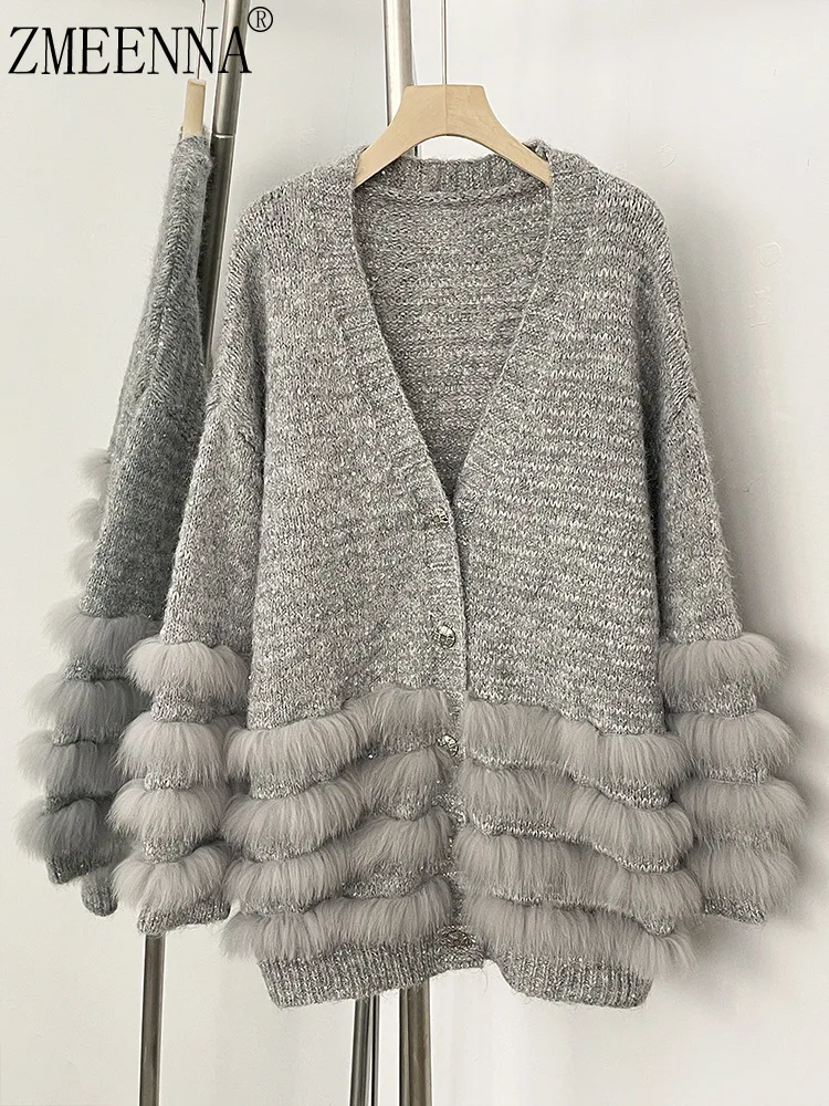 

ZMEENNA Women's Elegant Grey Glitter Knit Cardigan Faux Fur Tiered Ruffle Trim V-Neck Long Sleeve Sweater Outerwear ZM4211