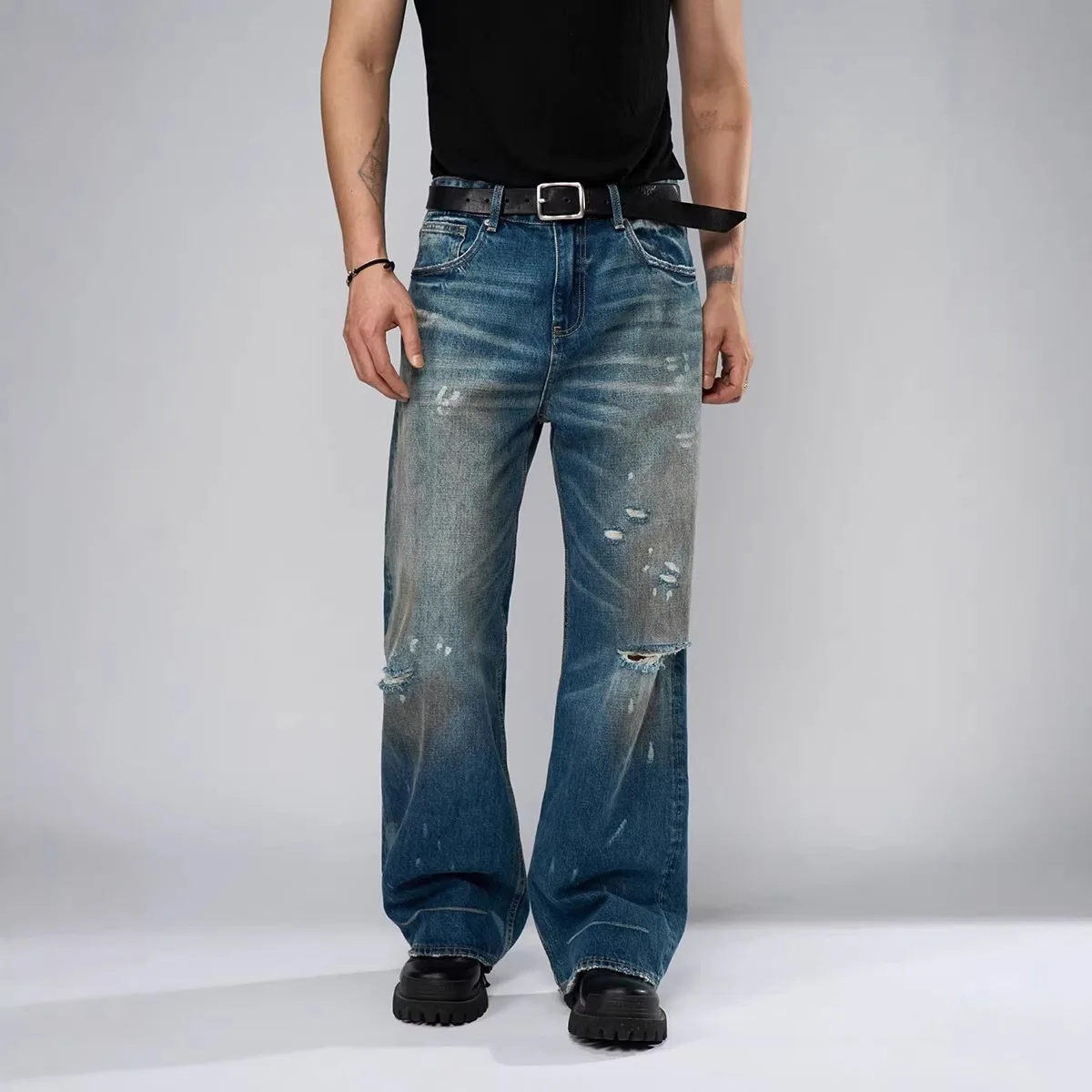 2026 Men's Jeans Heavy Industry Ripped Old Retro Loose Casual Straight Pants