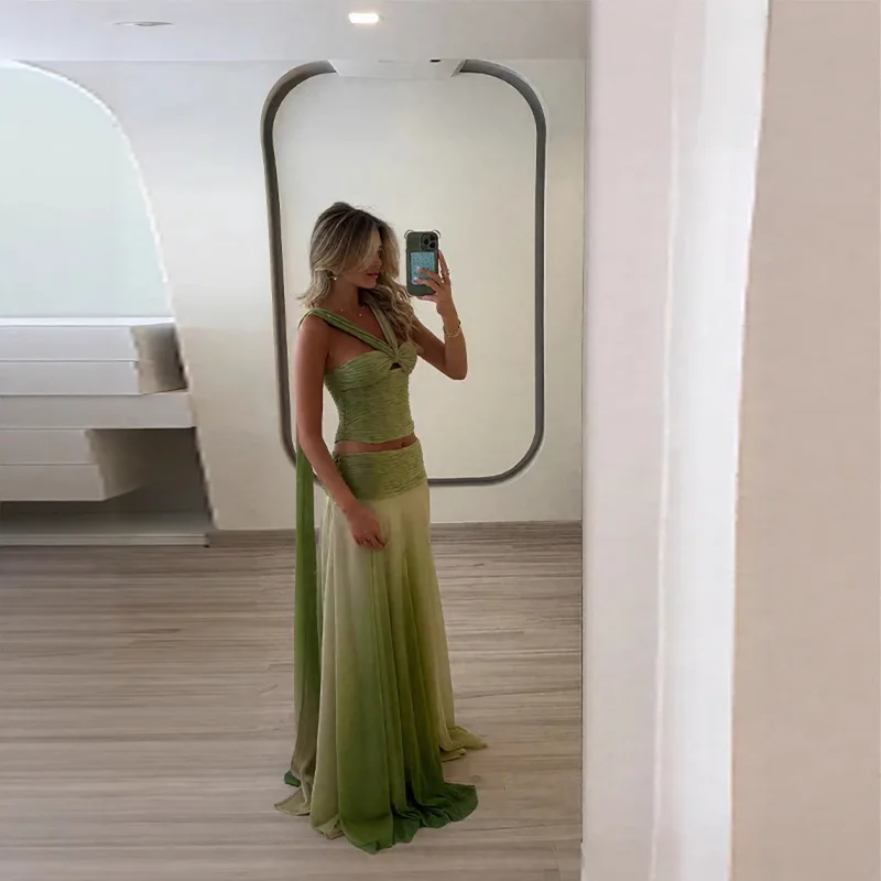 QICHE 2026 Summer Two‑Piece Outfit Elegant Halter Cami Top Gradient Loose Skirt Fashion Lady Dance Outfit