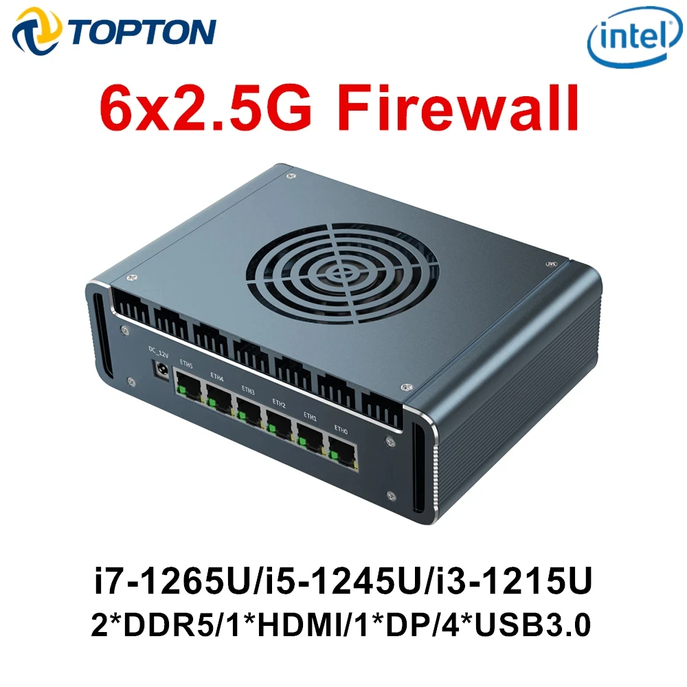 Topton 방화벽 미니 컴퓨터, 12 세대 i7 1265U, 인텔 i226-V i5 1245U N100 DDR5 NVMe Proxmox pfSense PC 소프트 미니 라우터, 6x2.5G