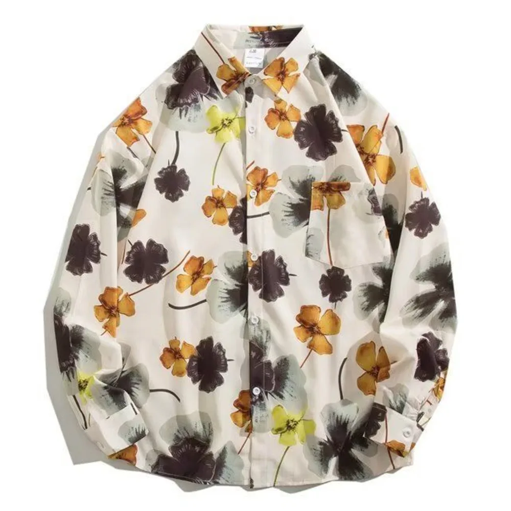 Hip Hop Harajuku Graffiti Flowers Floral Print Men Long Sleeve Shirt Fashion Casual Holiday Loose Button Streetwear Tops Shirts