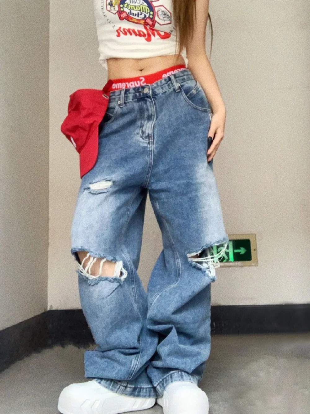 Ripped Jeans for Women Straight Baggy Slim Wide Leglow Waist Jeans Slouchy Streetwear Blue Jeans for Women Lowrise Pants Y2k