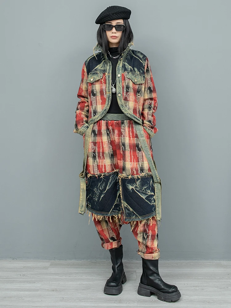 

Spring Trendy Distressed Color-blocked Denim Long-sleeved Jacket Elastic Waist Cross-pants Two-piece Set Women's Fashion Suit