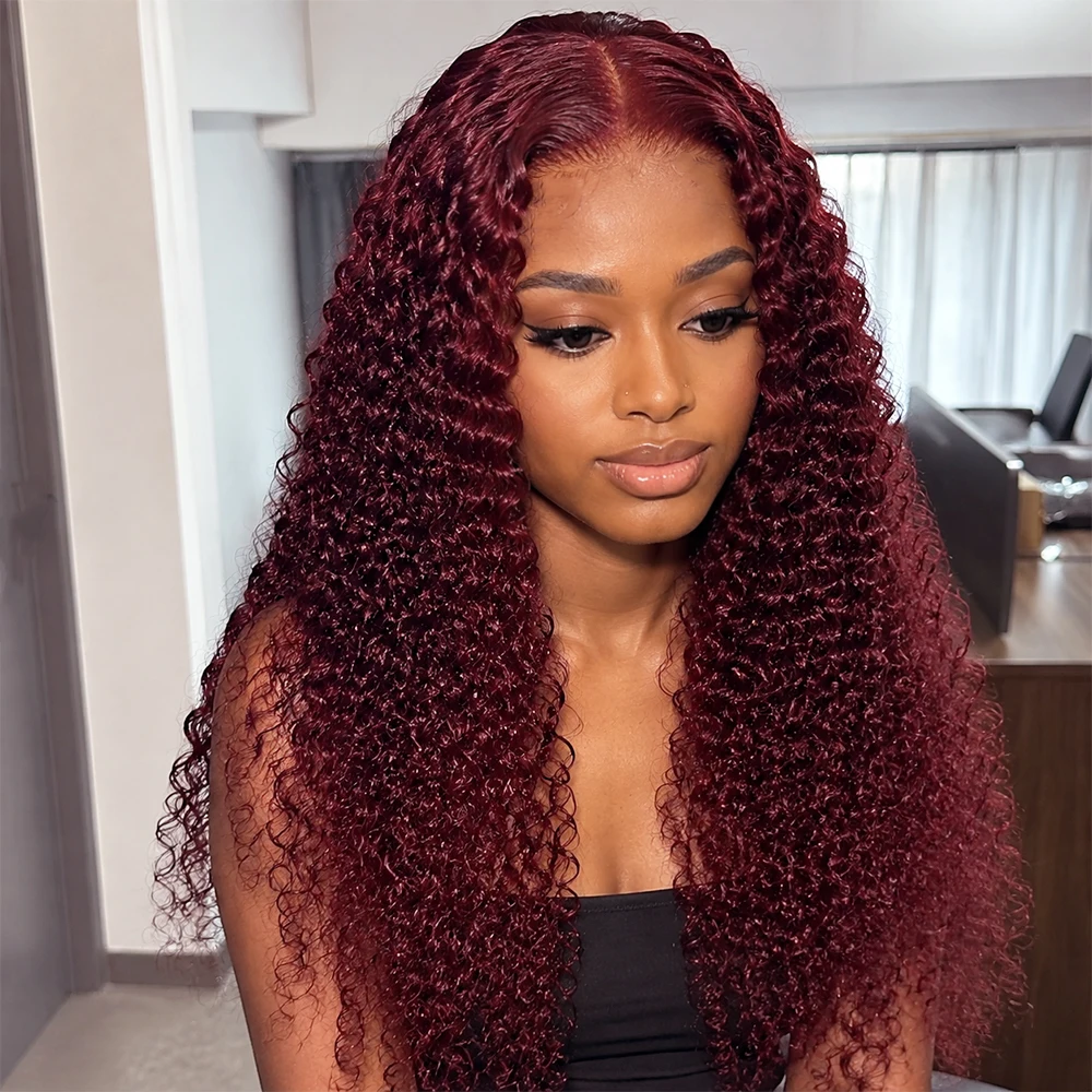 16A 100% Human Hair 99j Burgundy Curly Wig Human Hair Red Colored Water Wave 13x6 13x4 HD Lace Frontal Human Hair Wigs For Women