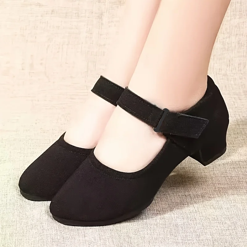 Zapatos de baile cuadrados para mujer con tacones medios y suelas blandas para mamá bailando en todas las estaciones; zapatos de tela