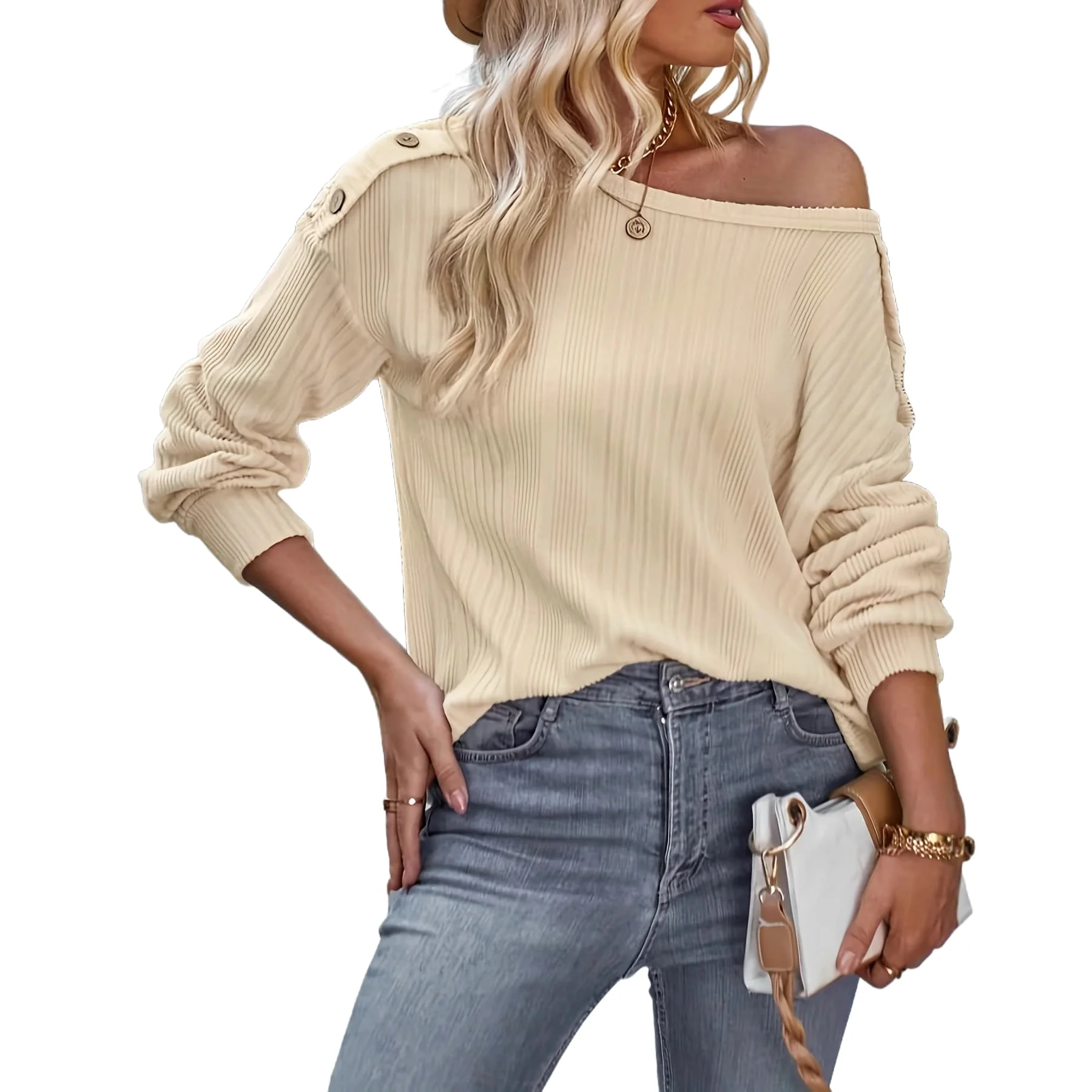 Womens Regular Length Knit For Top with Single Shoulder Cut Long Sleeves and Button Detail for Yoga Cycling and Vacation Wear