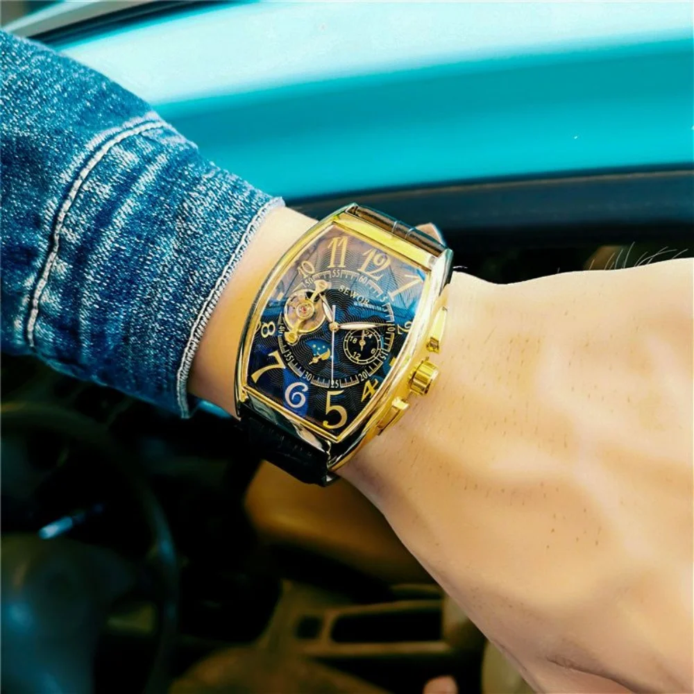 Barrel-Shaped Light Luxury Mechanical Men's Watch, Fully Automatic Winding with Skeleton Flywheel Design, Business Waterproof Luminous Watch, Moon Phase Function Leather Strap Wristwatch, Vintage High-End Men's Watch, Popular Gift for Husband