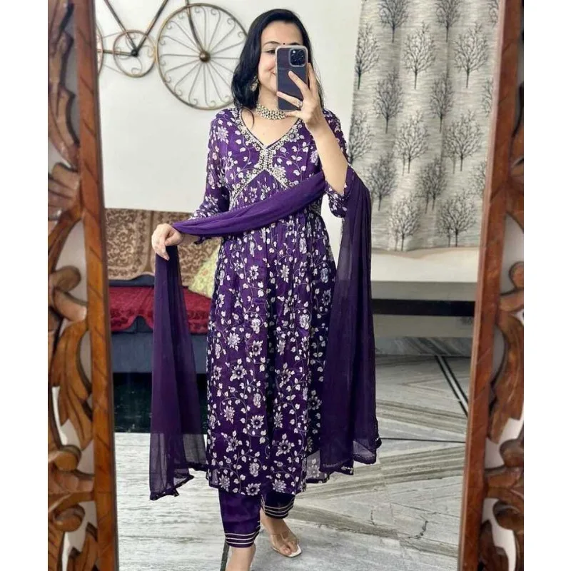 Conjunto impresso Rayon Salwar Kameez para mulheres, desgaste indiano tradicional, corte floral