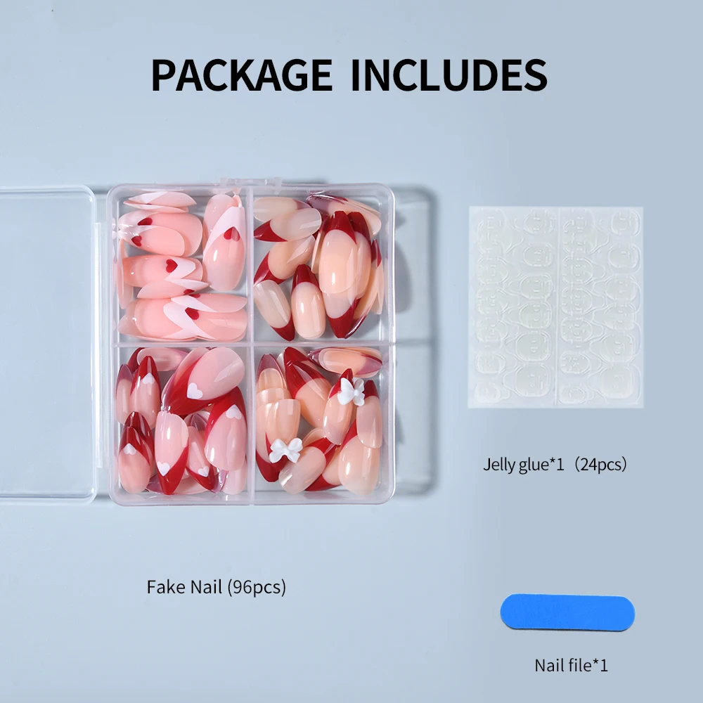 96 pezzi (quattro stili) Punte per unghie francesi con fiocco di mandorle, set perfetto per unghie finte, incluso: 1 pezzo di colla gelatinosa e 1 lima per unghie, San Valentino