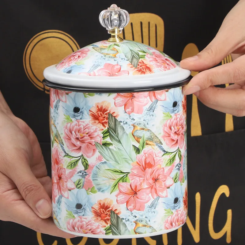 Enamel Storage Jar with Lid Retro Floral Enamel Tea Candy Biscuit Storage Container Large Capacity Home Kitchen Storager Bottle