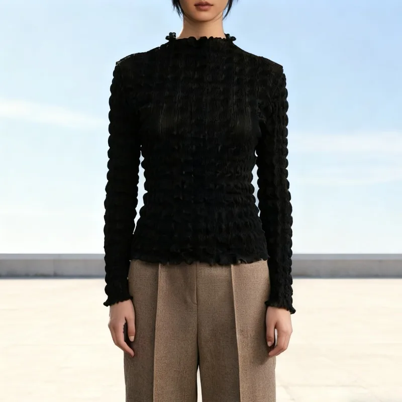 

Miyake Pleated Lace Bottoming T-shirt Fall and Winter New Slim Thin Half-high Neck Fashion with Long-sleeved Blouse Clothing