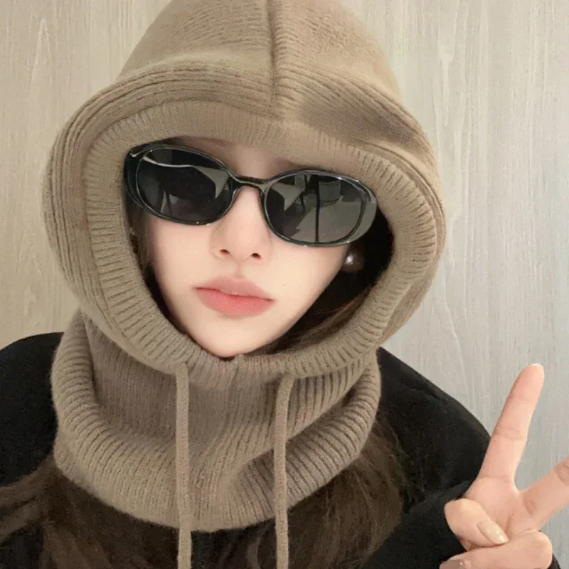 محبوك مقنعين قبعات الشتاء بالاكلافا القبعات النساء الكورية نمط في الهواء الطلق دفئا الرباط القبعات قطعة واحدة طوق الرقبة بيني قبعة #6