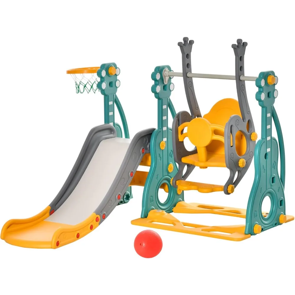 3 in 1 Toddler Swing and Slide Set, Kids Slide with Climber, Ultra-Safety, Basketball Hood, Baby Playground Set