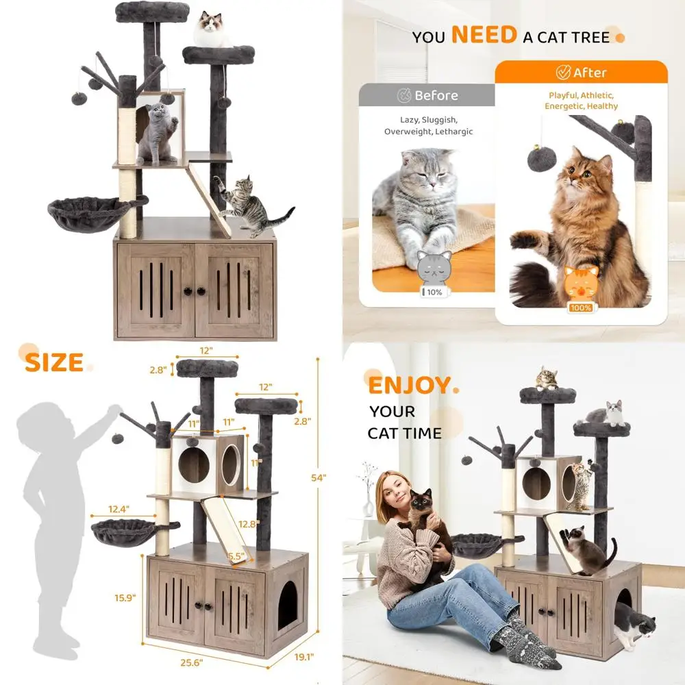 

All-in-One Wooden Cat Tower with Litter Box, 53 Tall Condo for Indoor Cats and Kittens with Scratching Posts