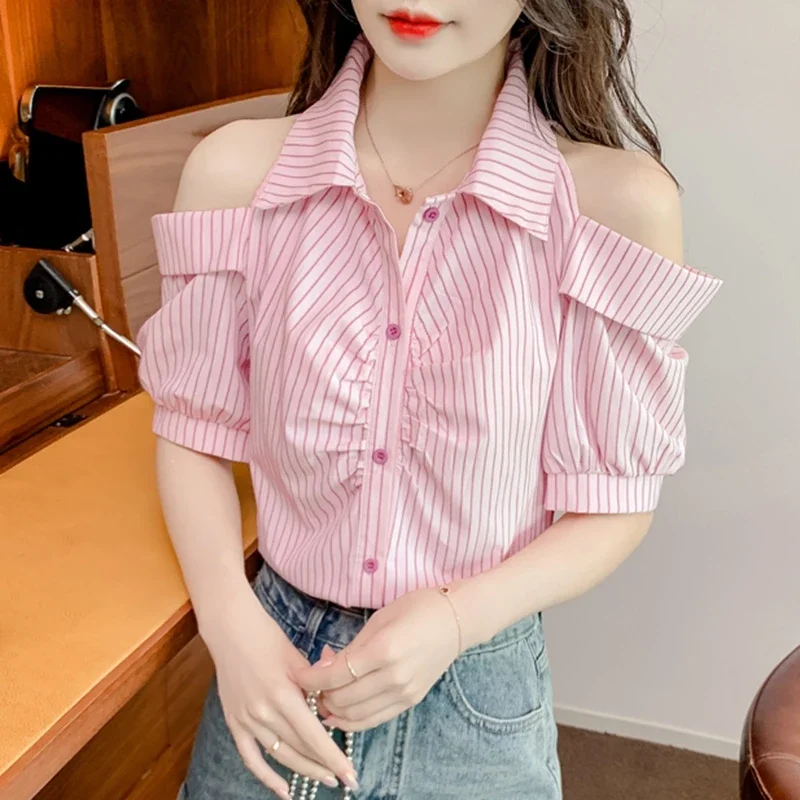 Womens Summer Striped Shirts Off Shoulder 2024 Fashion Short Sleeve Casaul Blusas Ladies Tops Korean Style Clothing Y2k Blouses