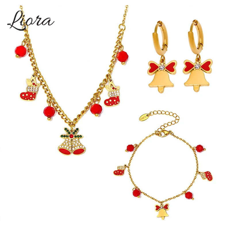 

Liora Christmas Bells Socks Pendant Necklace Drop Earrings Bracelets for Women Stainless Steel Cuban Chain Red Agate Jewelry Set