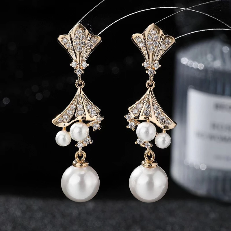 

SENYU Beautiful Shell Heart Pearl Dangle Earring Pave AAA Cubia Zirconia Fashion Design Wedding Earring