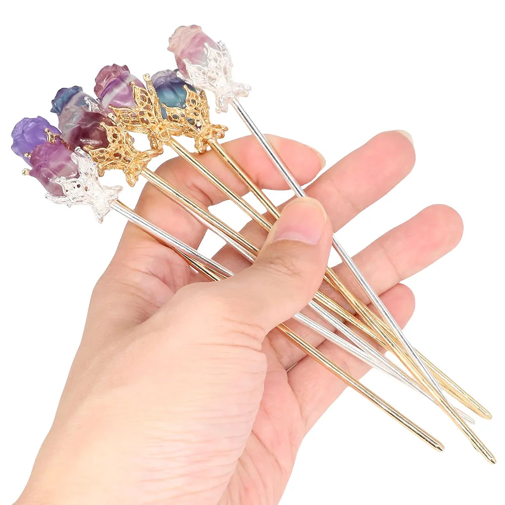 

Natural Stone Fluorite Hair Sticks Magic Gems Vintage Wand Healing Crystal Rose Flower Carved Hairpin For Women Girl JewelryGift