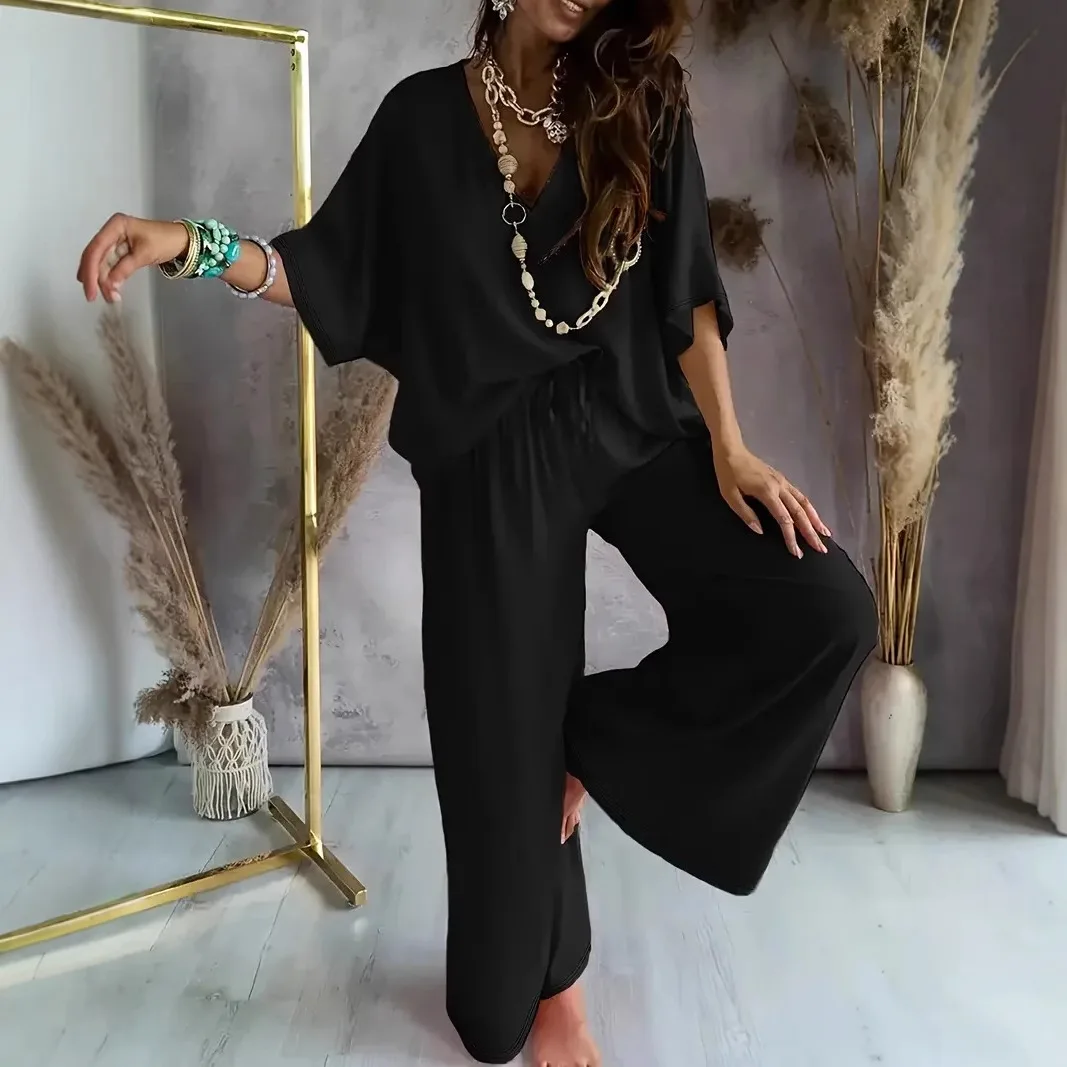 Sommer Weiß Zweiteiliges Set Für Frauen V-ausschnitt Fledermaus Ärmel Top Casual Lose Spitze Up Breite bein Hosen 2-stück Anzug Hause Outfits frauen