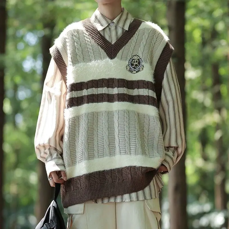 

Мужской осенний свободный вязаный жилет без рукавов с v-образным вырезом в японском стиле, модная верхняя одежда для пар в консервативном стиле