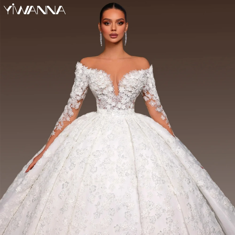 

Sequined Lace Appliques Wedding Dress Luxury Beads Off The Shoulder Bridal Gown Customized V-neck Ball Gowns Dresses For Bride