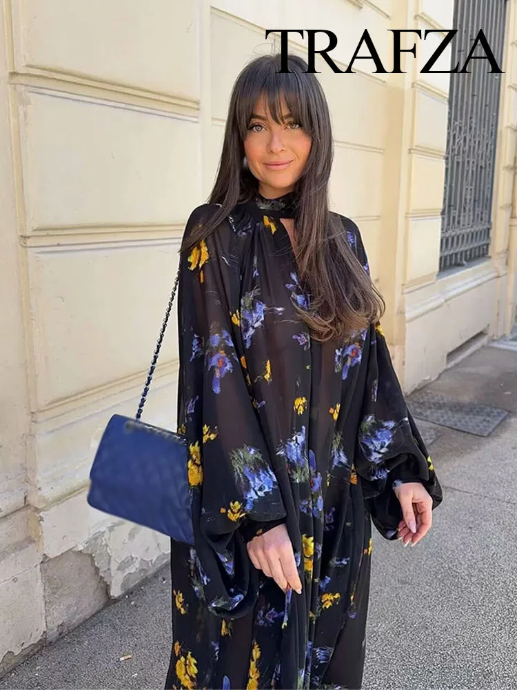 

HH Female High Street Fashion Dresses Black Print High Collar Long Sleeves Hollow Decoration Button Women Summer Long Dress
