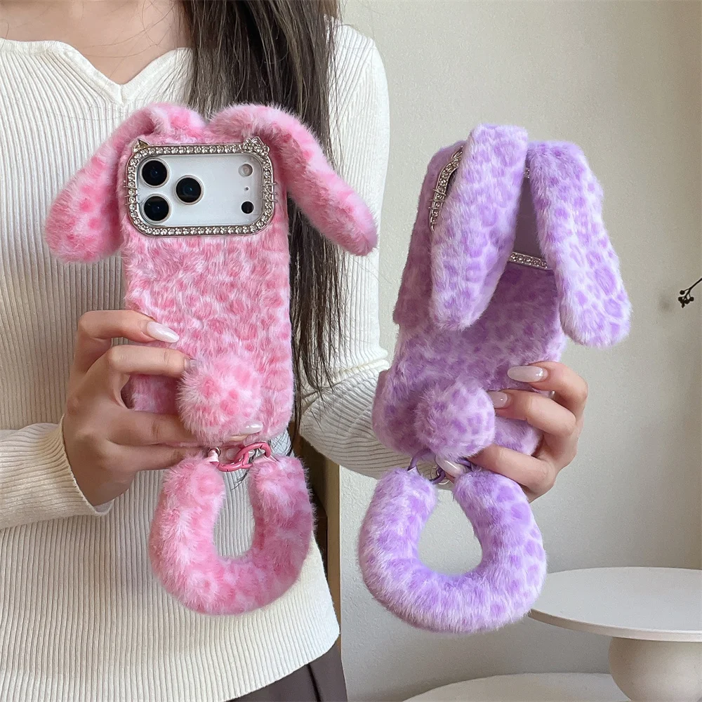 Korea Cartoon Ins Rabbit Phone Case For iPhone 18 Pro 14 15 16 17 Pro Max Cover Shockproof Cute Plush Cases 18Pro with Chain