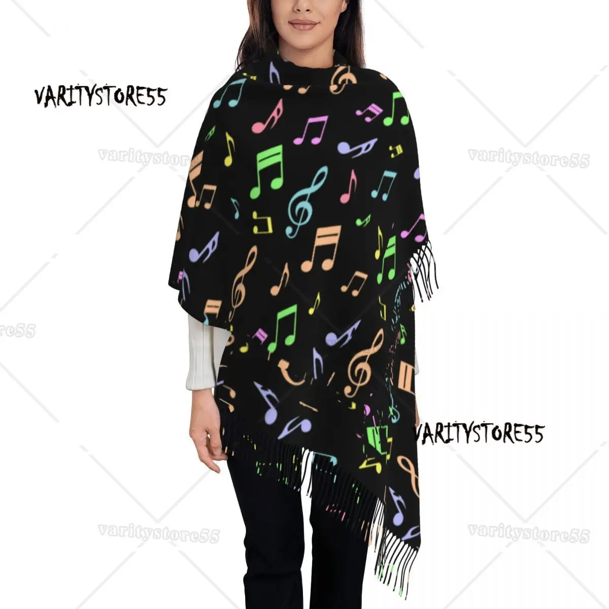 Women's Tassel Scarf Cute Colorful Music Notes Large Super Soft Shawl and Wrap Musical Cartoon Gifts Pashmina Scarves