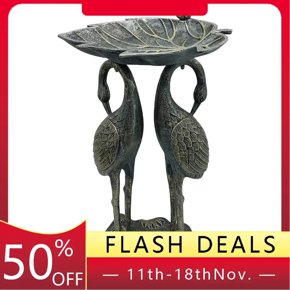 Cast Aluminum 30-in Twin Crane Silver Gold Bird Bath with Leaf Bowl Birdbath, Pewter