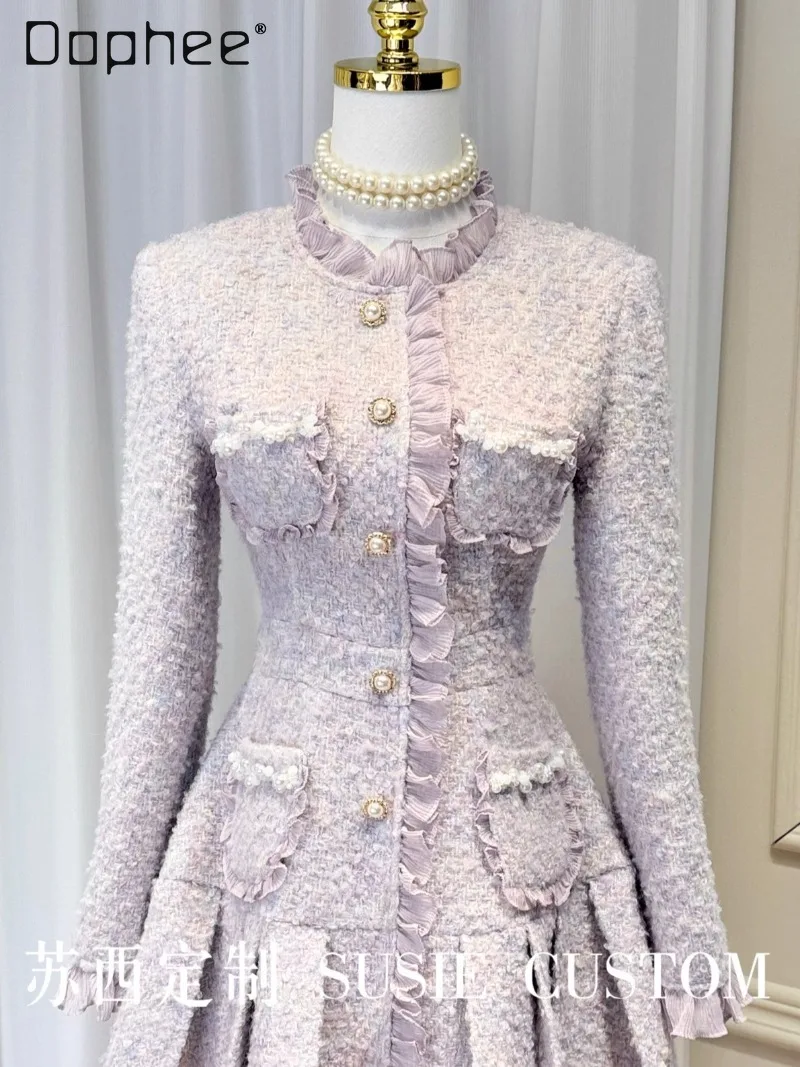 

French Style Princess Dresses Sweet Ruffled Beaded Single-Breasted Pocket Slim Pleated A-Line Tweed Dress for Women Autumn New